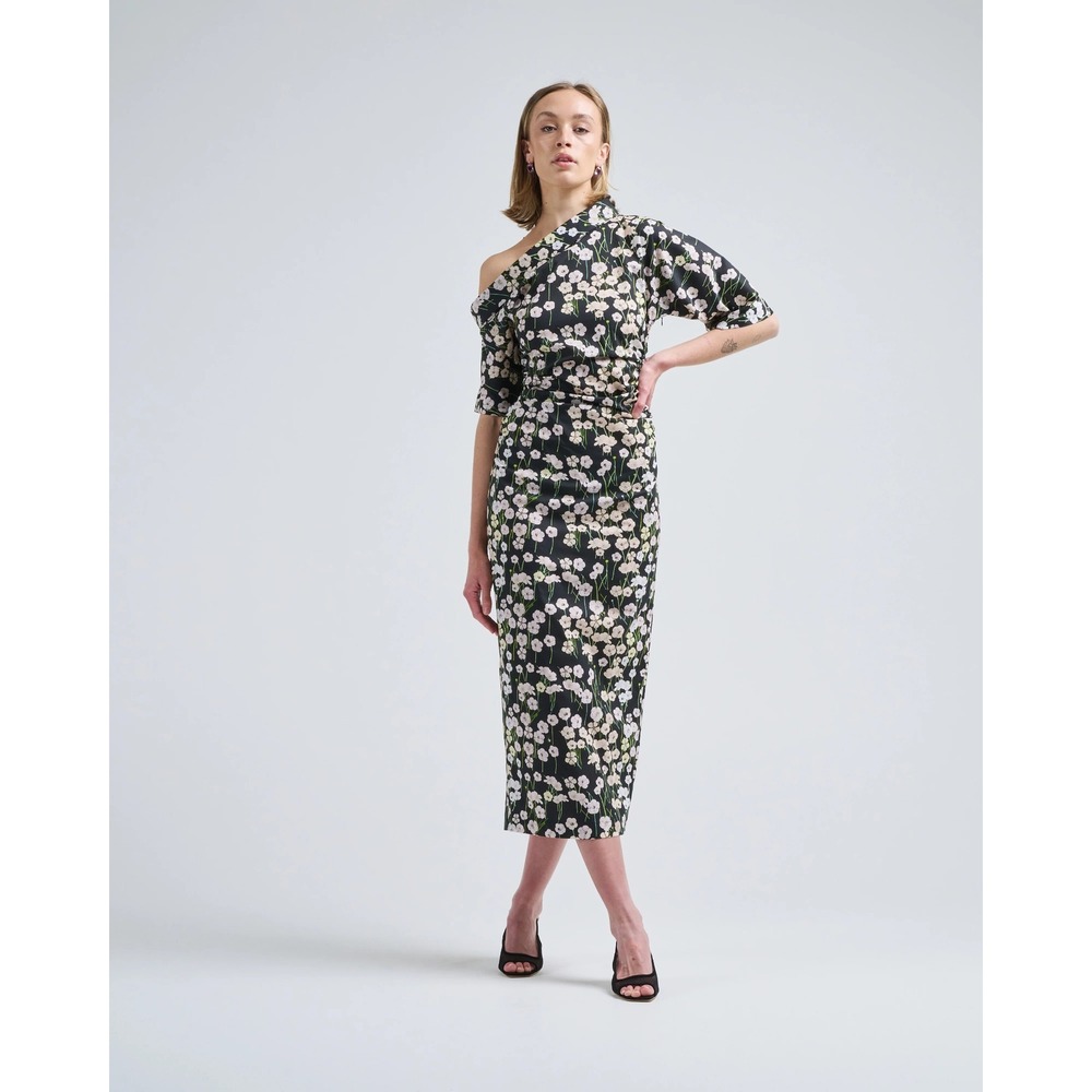 Bernadette Bowery Dress One Shoulder Floral Midi Black Buttercups Sz 40 NEW